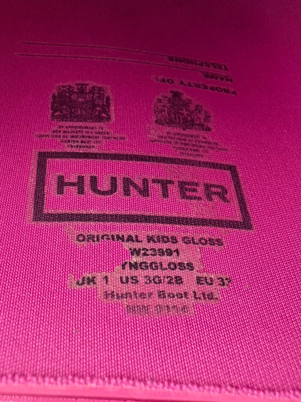 Hunter Original Gloss Girls Rain Boot Pink size US 2 EU33
